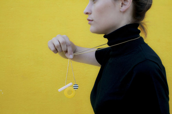 000010 01 16 8 HIRUNAKA box circle.stripes yellow pink contemporary geometric necklace clay yewelry handmade scaled